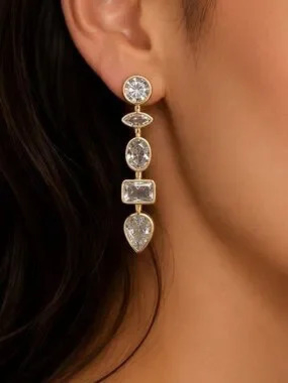 Gold CZ Geometric Drop Stud Earrings (4513)